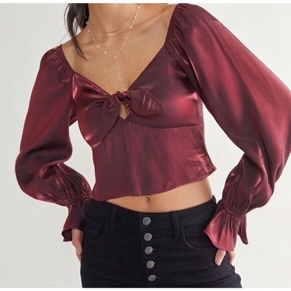 Francesca's Womens Shirt Large Satin Tie Front Blouse Whimsical Milkmaid - Picture 1 of 12